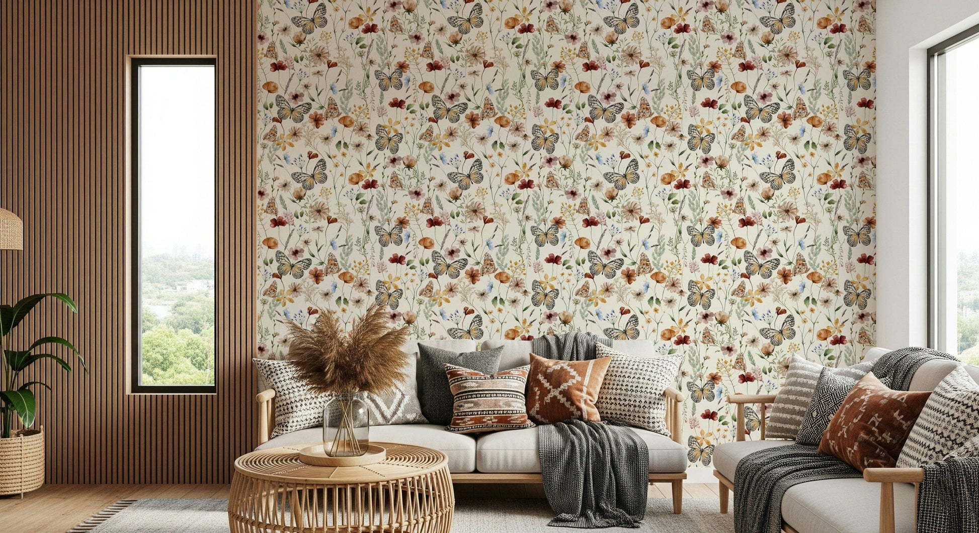 Meadow Butterflies wallpaper, sophisticated botanical illustration.