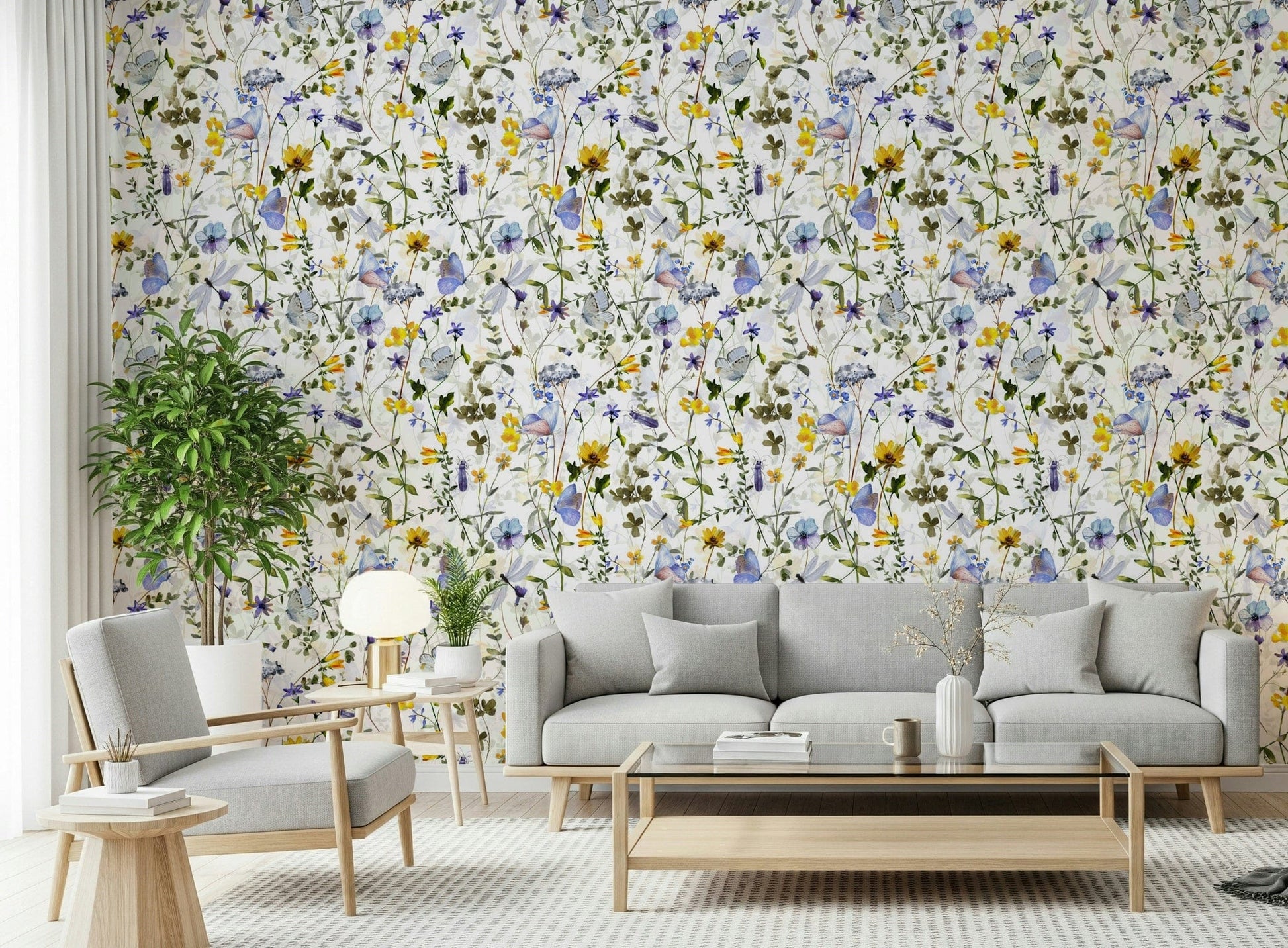 Meadow Butterfly Whispers Garden wallpaper, delicate butterflies and green foliage design.