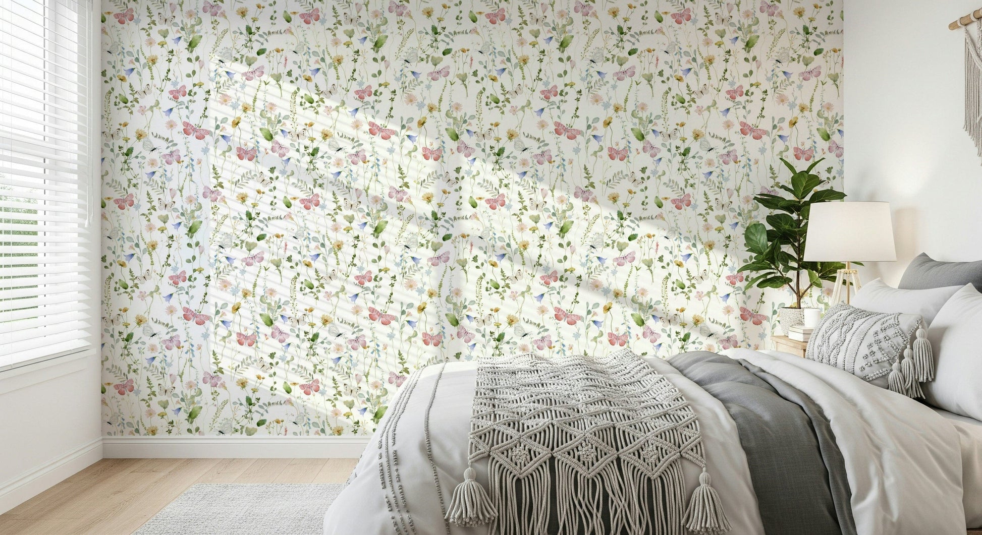 Pastel butterflies flitting through meadow florals. Wall covering.