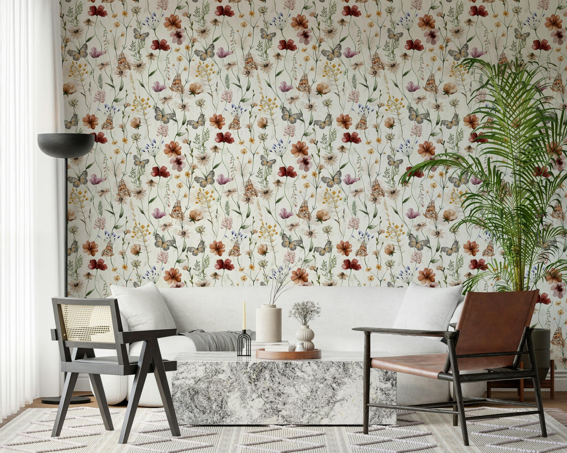 Wallpaper Wild Meadow Butterfly neutral palette room decor.