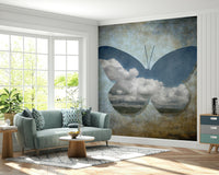 Ethereal Dreamscape Mural Soft blue butterfly wings white clouds.