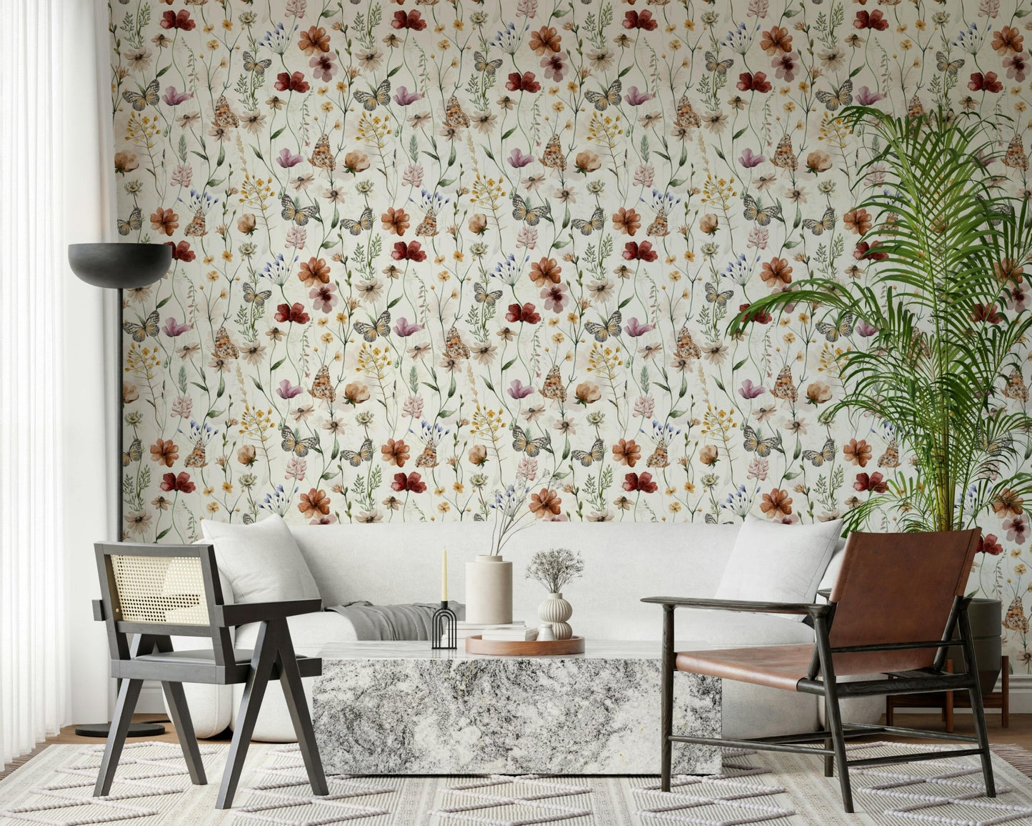 Wallpaper Wild Meadow Butterfly neutral palette room decor.