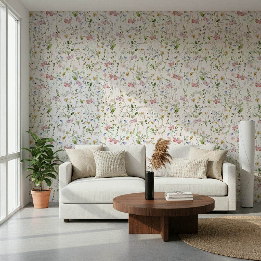 Pastel floral meadow wallpaper with pink butterflies