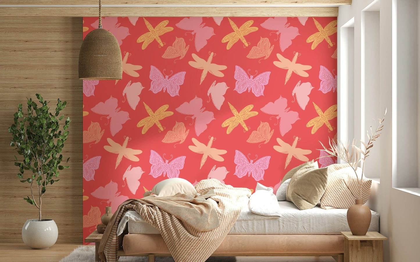 Bright butterfly wallpaper featuring floating winged motifs on a textured coral-toned background.