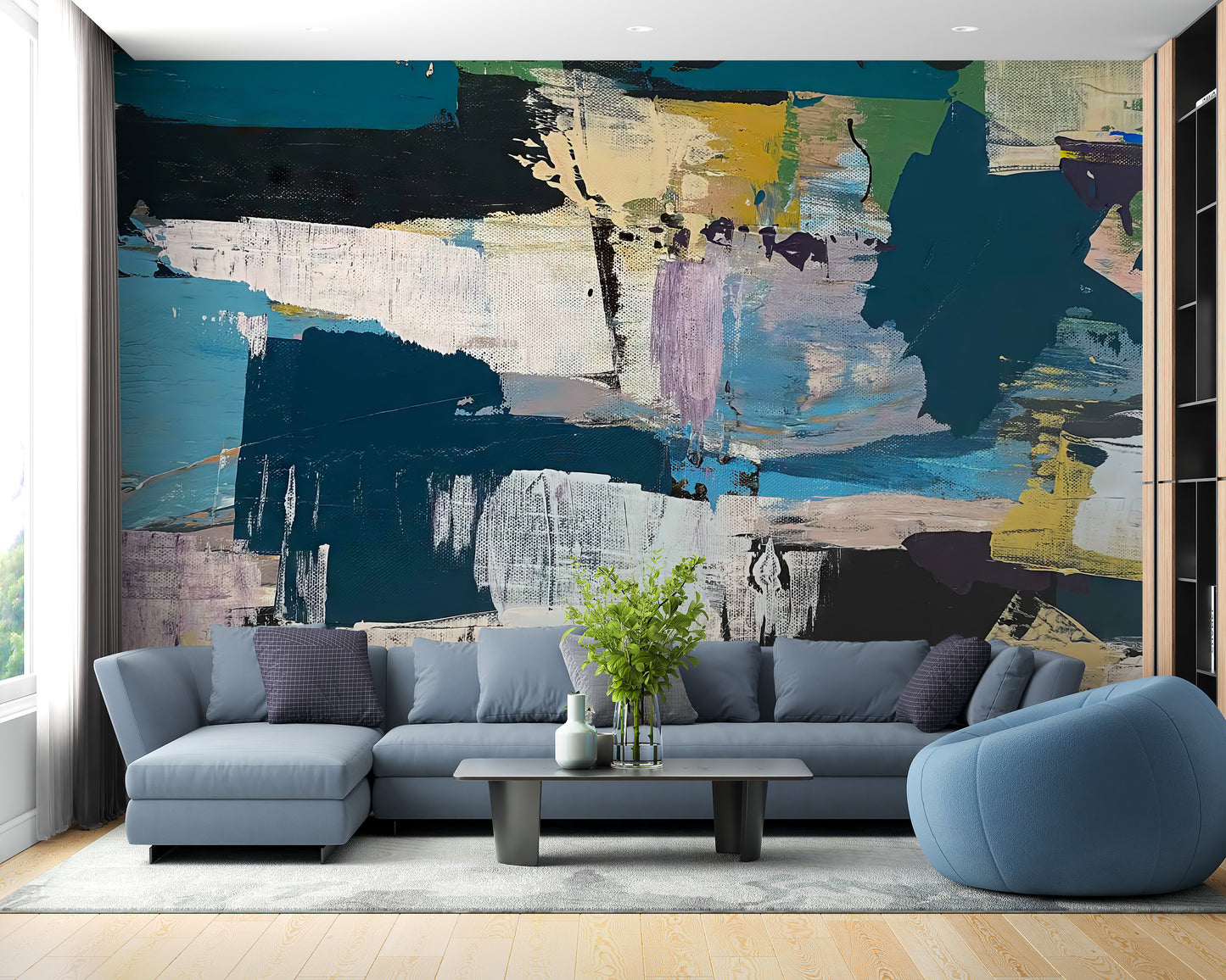 Color Texture Mural brings vibrancy to living room decor.