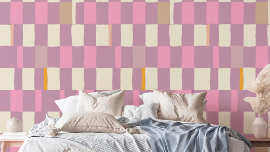 Whimsical mosaic checkerboard wallpaper with unique geometric details.