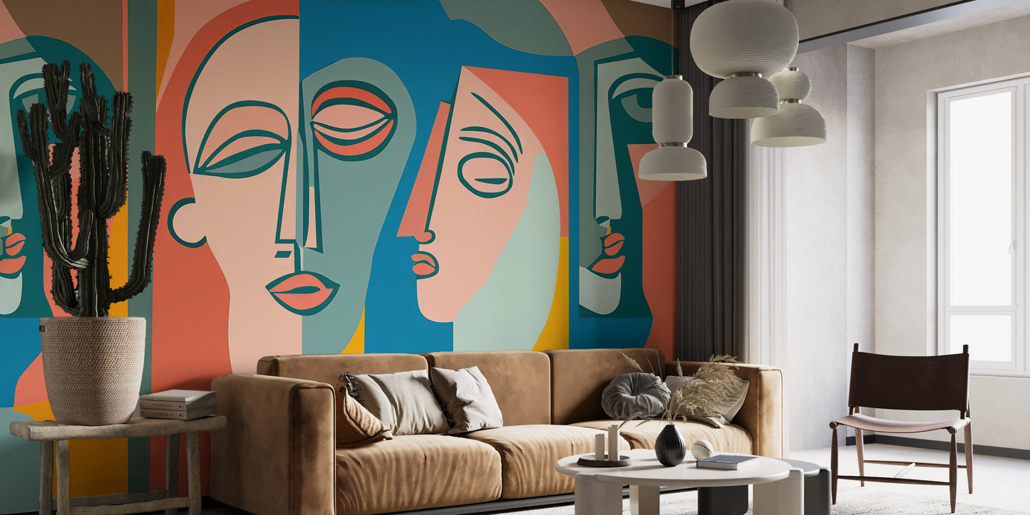 Colorful Faces Wallpaper makes living rooms bold and stylish