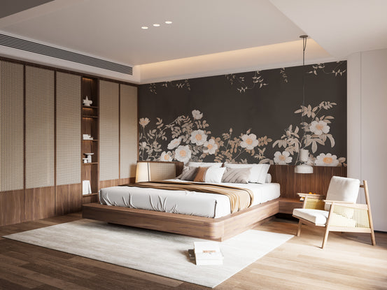 Copper Petal Noir Wall mural with copper-toned white blossoms on charcoal behind a wood bed in a bedroom