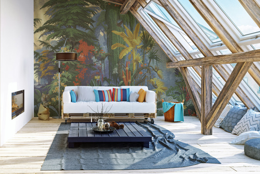 Tropical wildlife jungle scene wallpaper with lush greenery.