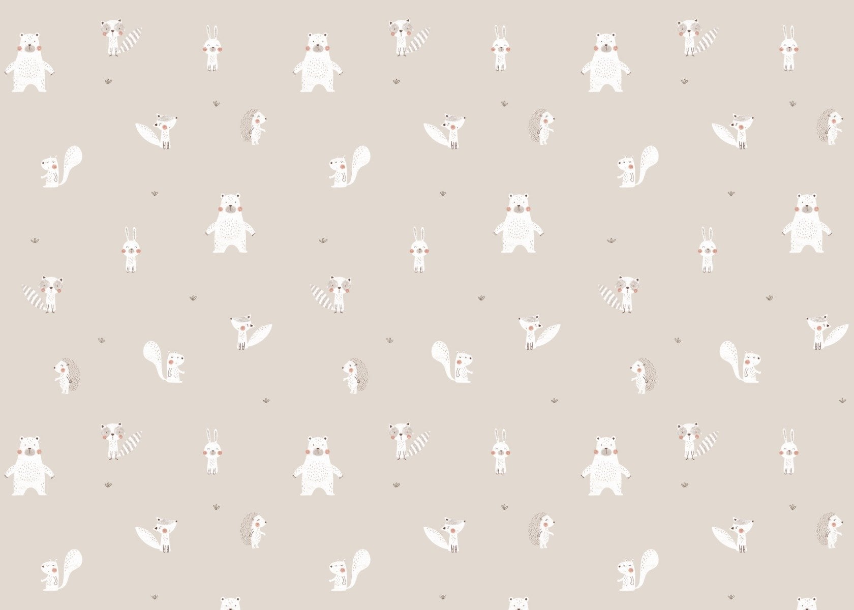 Forest Animals Beige Wallpaper featuring deer, rabbits, and foxes in a neutral tone.