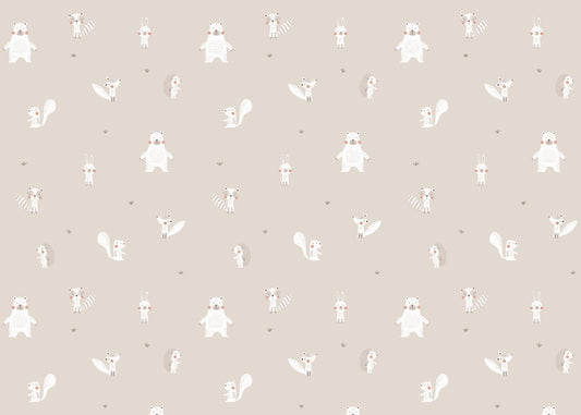 Forest Animals Beige Wallpaper featuring deer, rabbits, and foxes in a neutral tone.