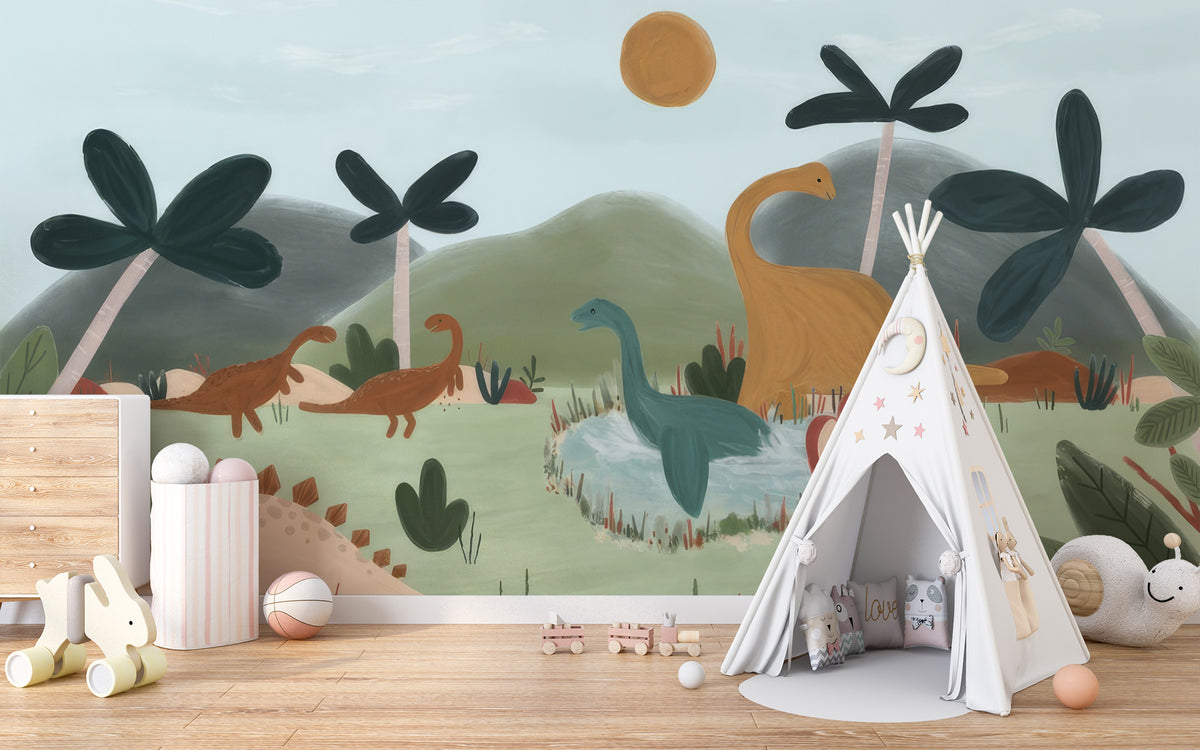 Gentle Giants wallpaper mural of painted dinosaurs and palms behind a white teepee and wooden toys in a kids nursery