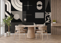 Black and beige wallpaper featuring artistic geometric lines