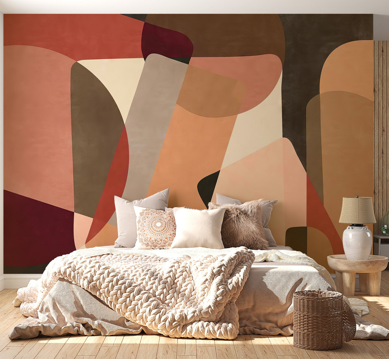 High-quality premium canvas Geometric Fusion Wall Mural in a cozy master suite with layered cream and beige bedding.