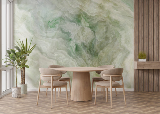 Green Marble wallpaper mural shown as a full feature wall that highlights the design