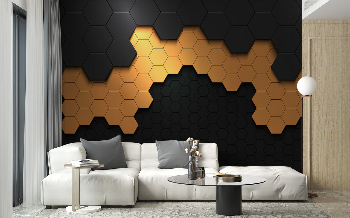 Hexagonal Pattern wallpaper mural in black and amber behind a white sectional sofa in a living room