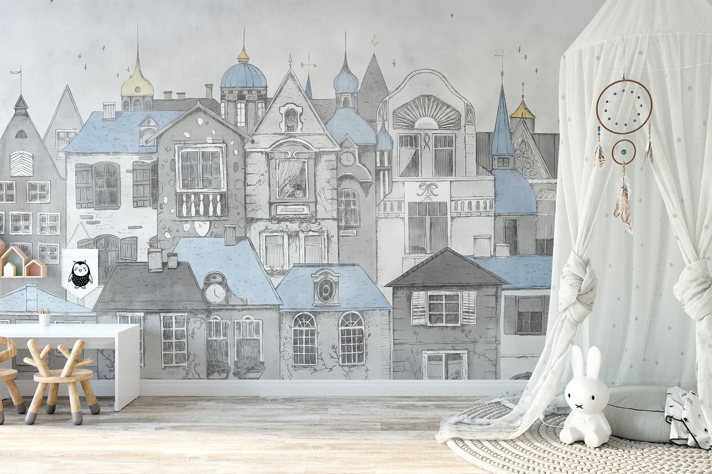 Artistic sketch-inspired mural for nursery walls