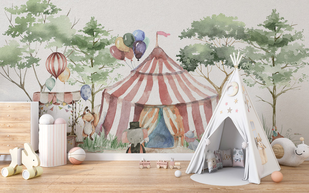 Whimsy Woodland Circus wallpaper with striped tent, balloons and animals beside a white teepee in a kids room