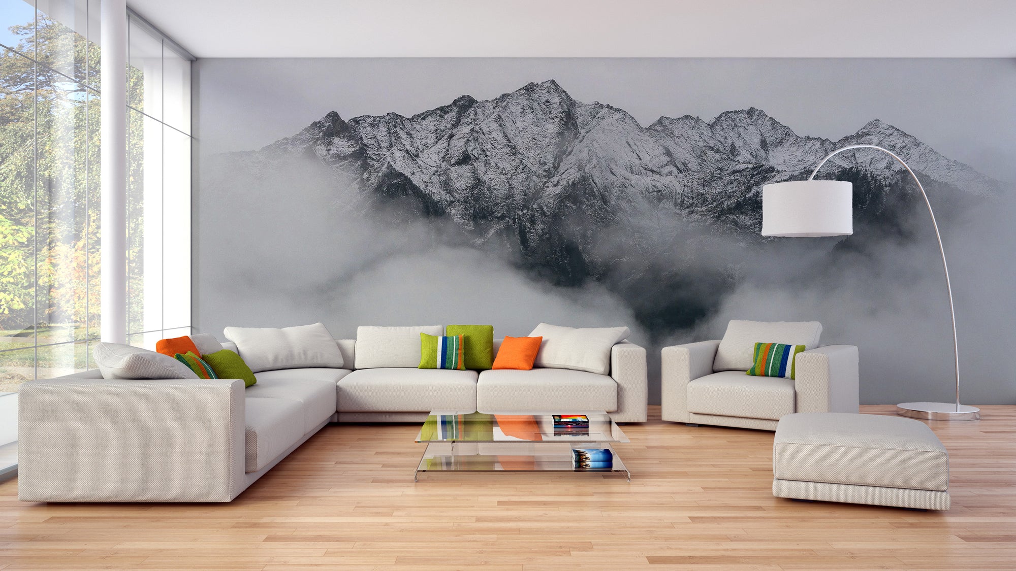 Foggy Mountain wallpaper mural shown as a full feature wall that highlights the design