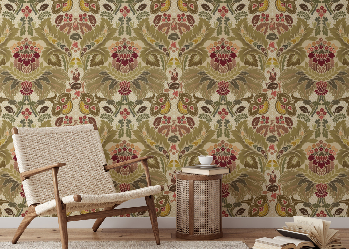 Regal Petals Damask wallpaper with intricate floral patterns.
