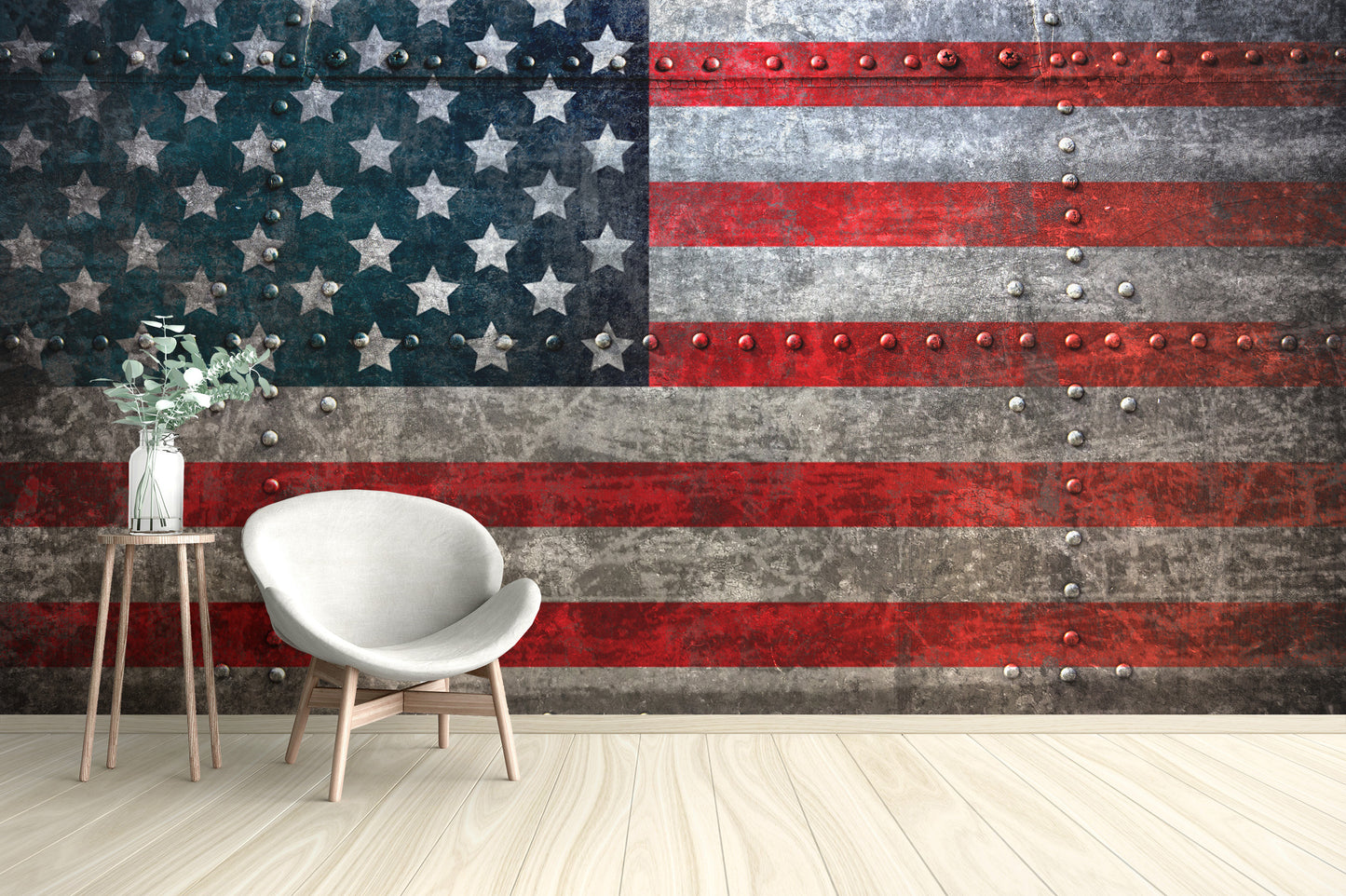 Standard Rustic Steel American Flag Wall Mural in a minimalist room with a white armchair and natural lighting.