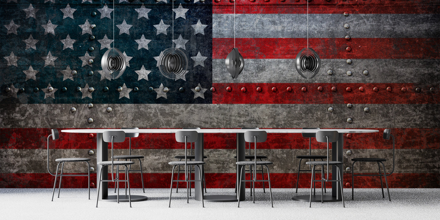 Modern office space with a premium Rustic Steel American Flag Wall Mural and a long conference table.