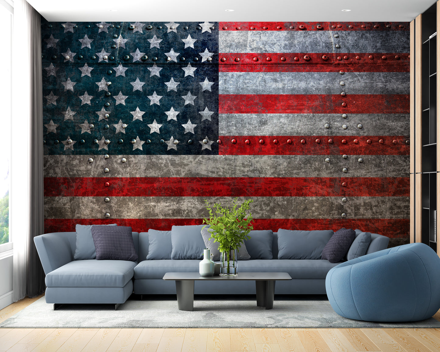 Rustic Steel American Flag Wall Mural in a living room with a blue sectional sofa using peel and stick material.