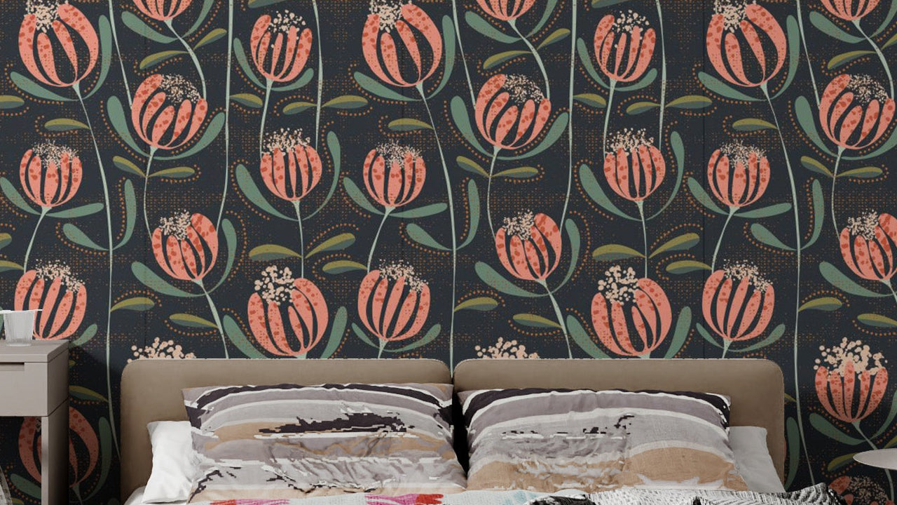 Blooming Elegance Floral wallpaper of coral tulips and green leaves on a navy background behind a beige headboard in a bedroom