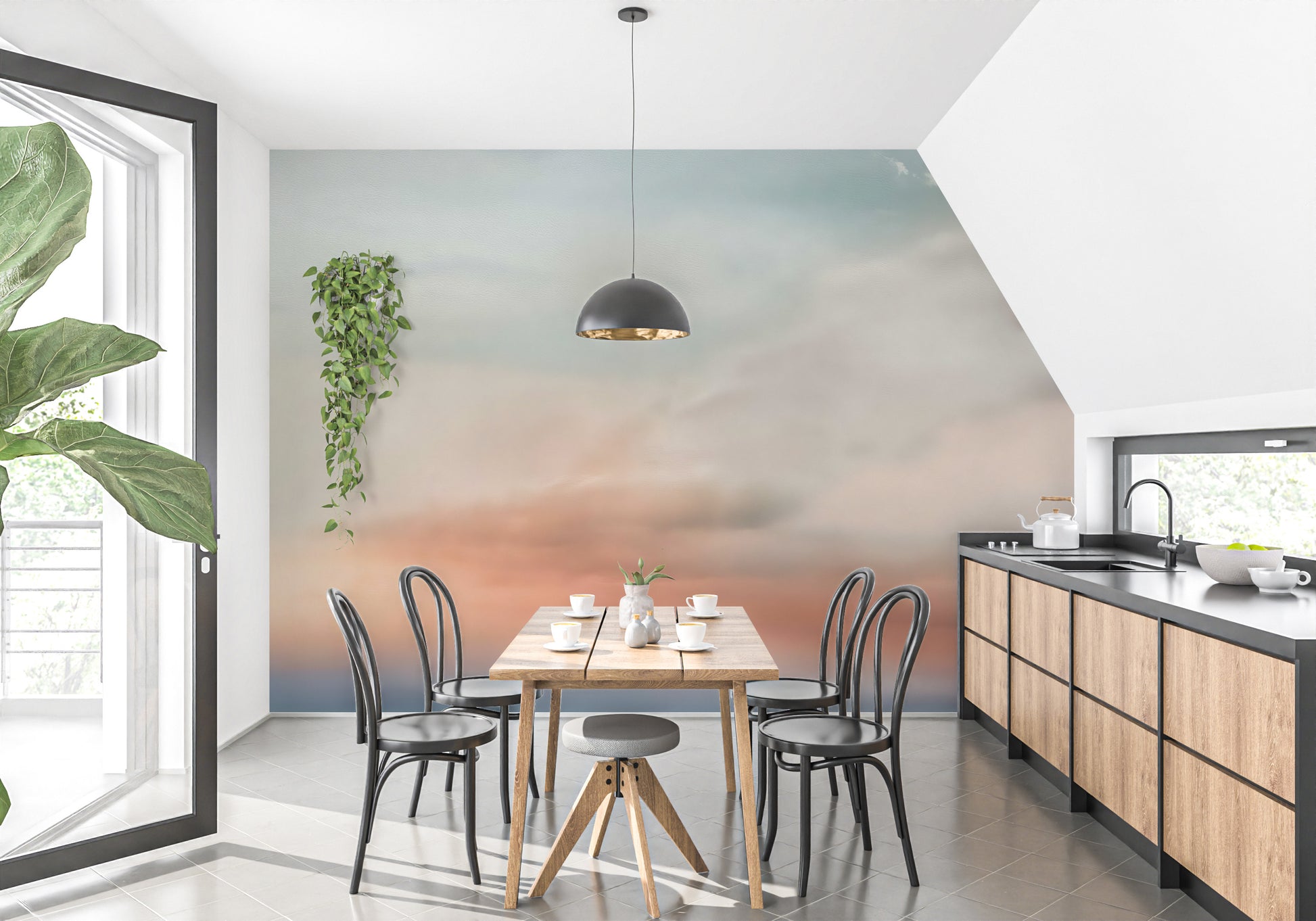Sunset Dreams Mural transforms dining spaces with vibrant sunset hues.
