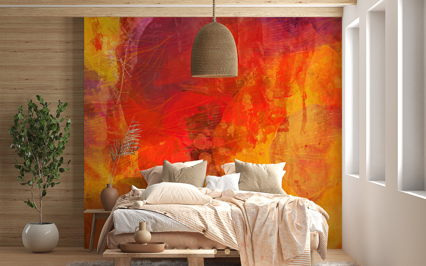 Vibrant bright orange mural for interiors