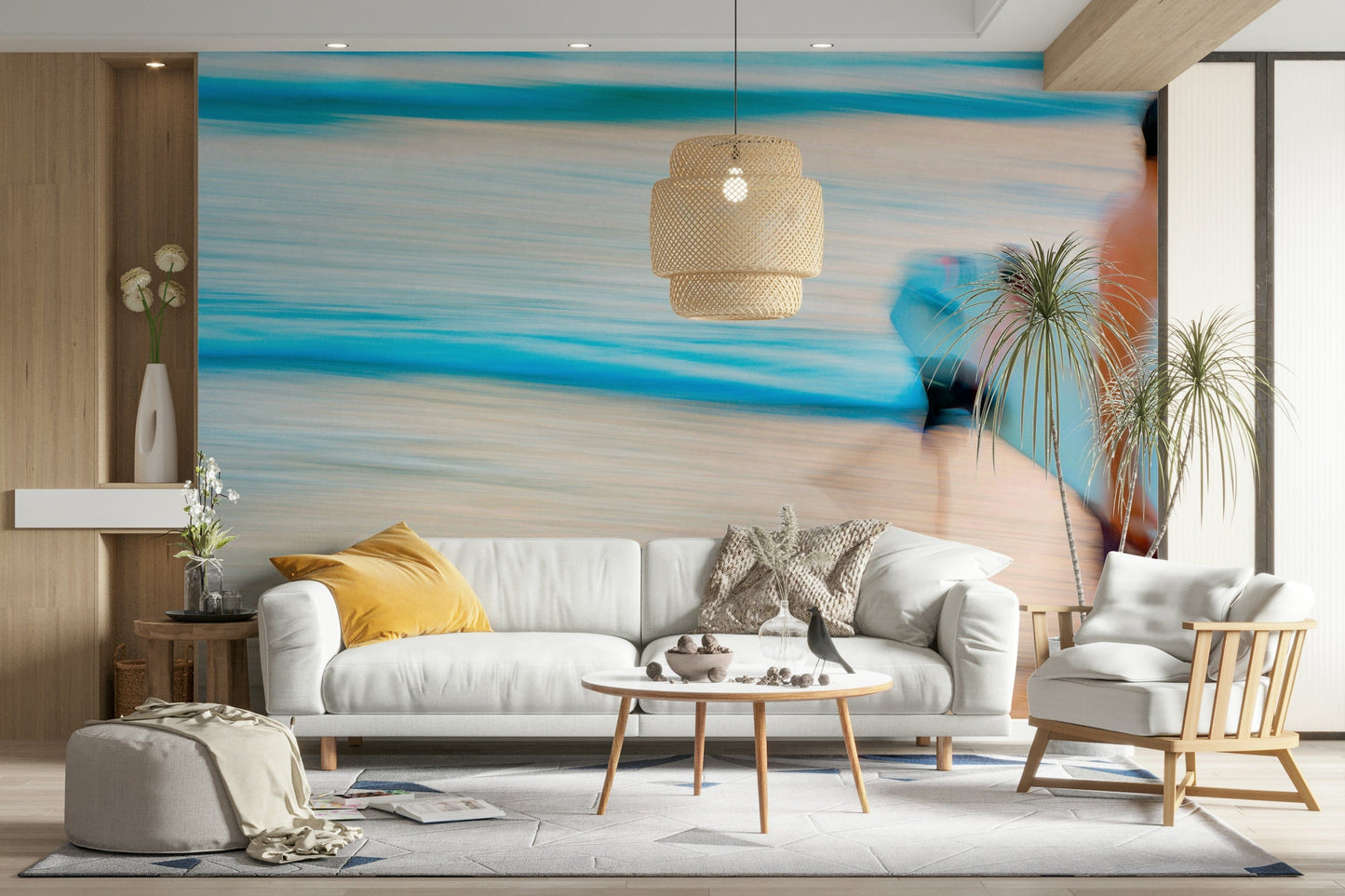 A peaceful seaside view mural on decorative wallpaper.

