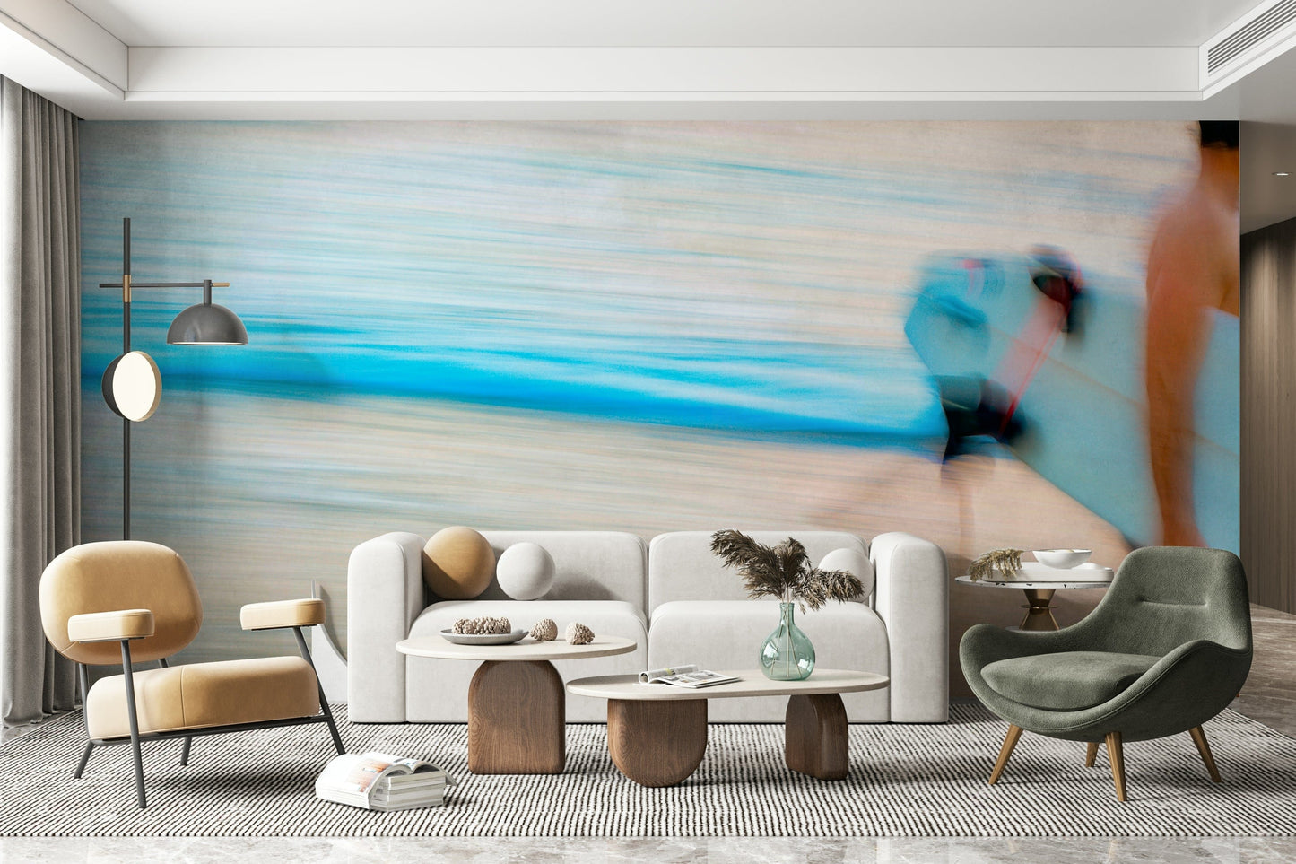 An artistic seaside view mural on minimalist wallpaper.

