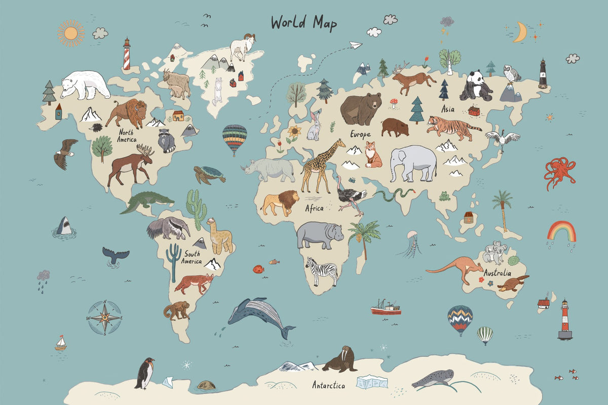 Animal Adventure Atlas Mural in your room — zoomed
