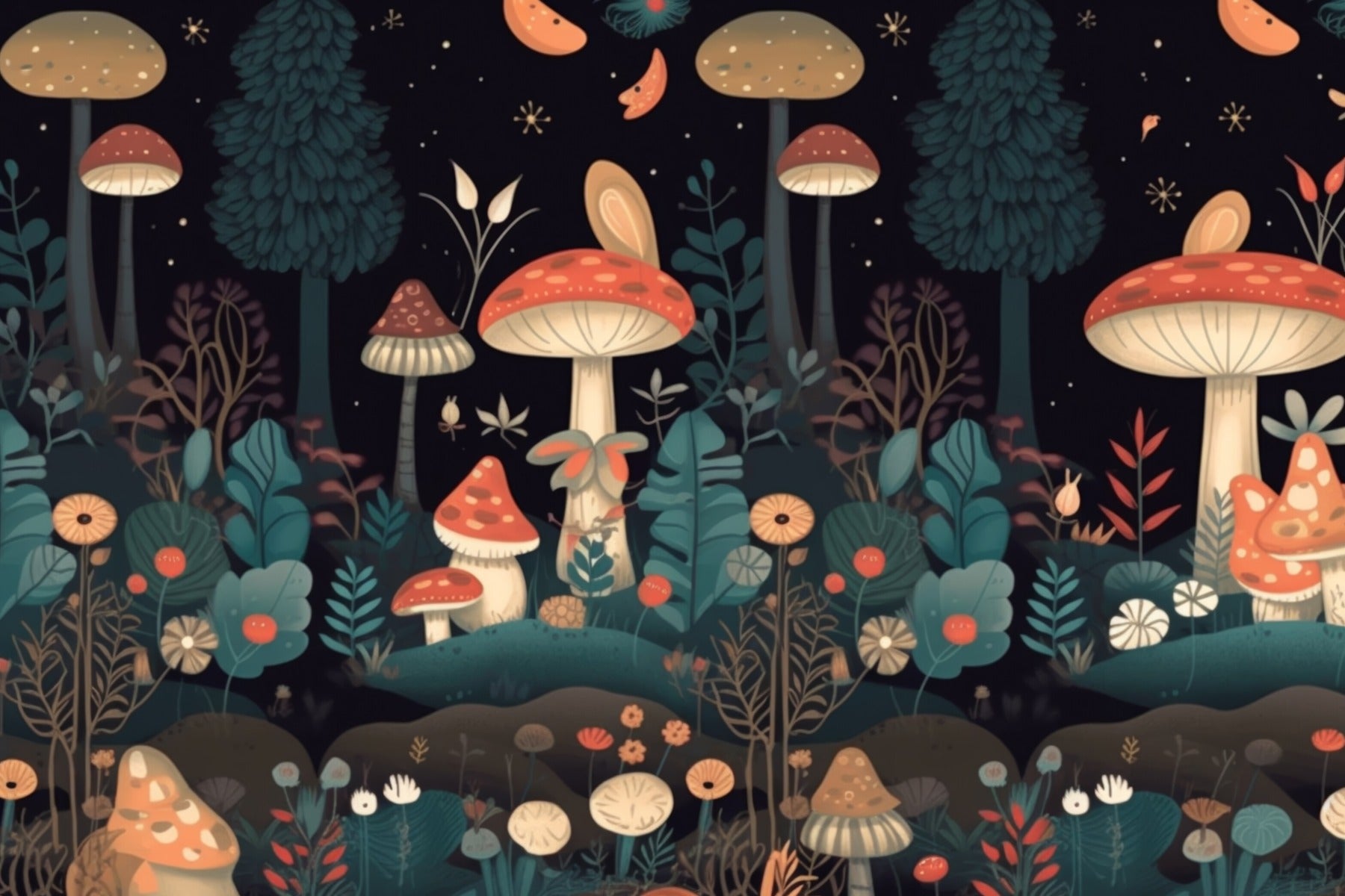 Whimsical mushroom garden wall mural design