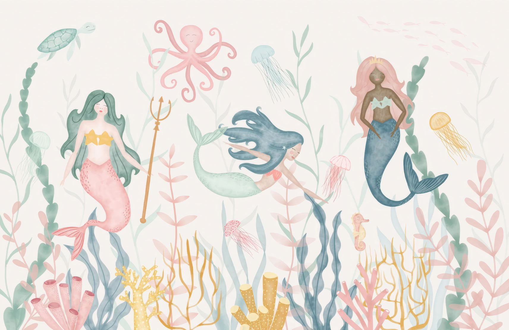 Playful aquatic-themed wallpaper mural for children's spaces.