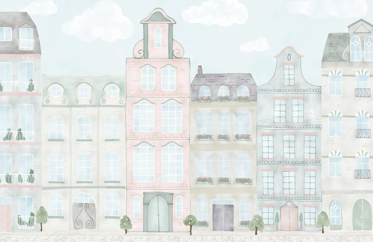 Watercolor City Scene Mural Wallpaper in your room