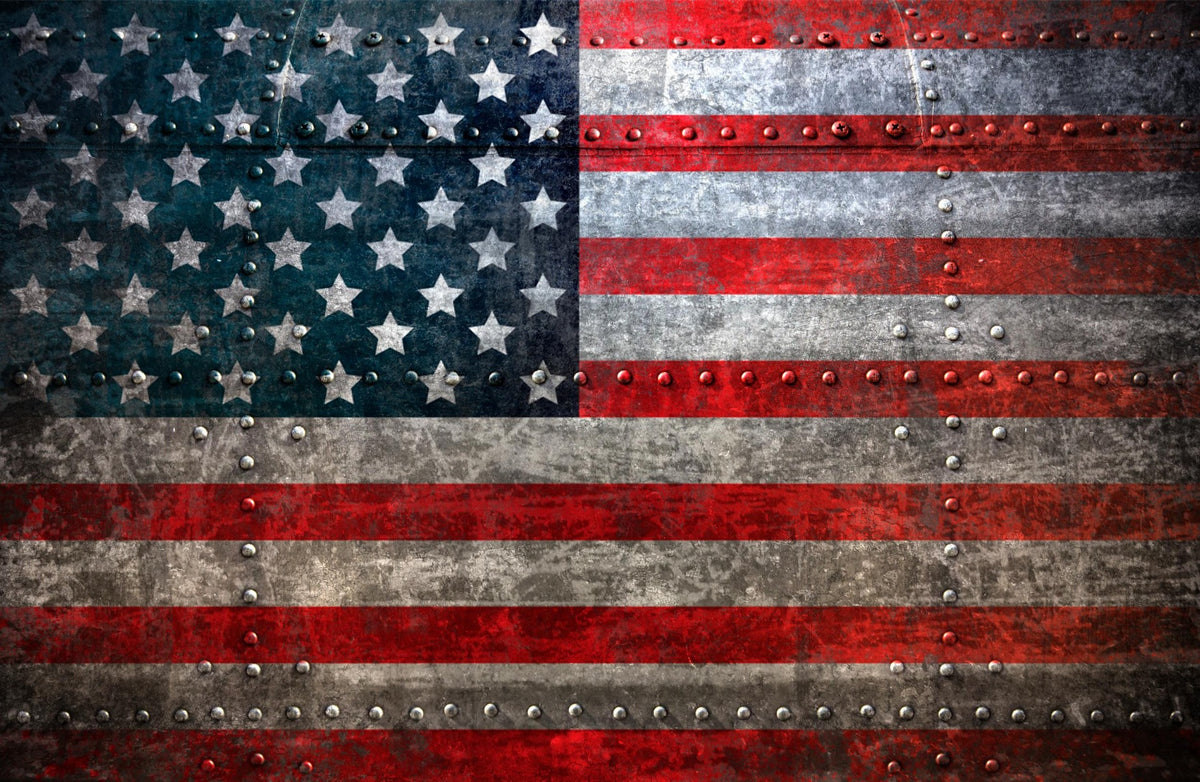 Rustic Steel American Flag Wall Mural in your room — zoomed