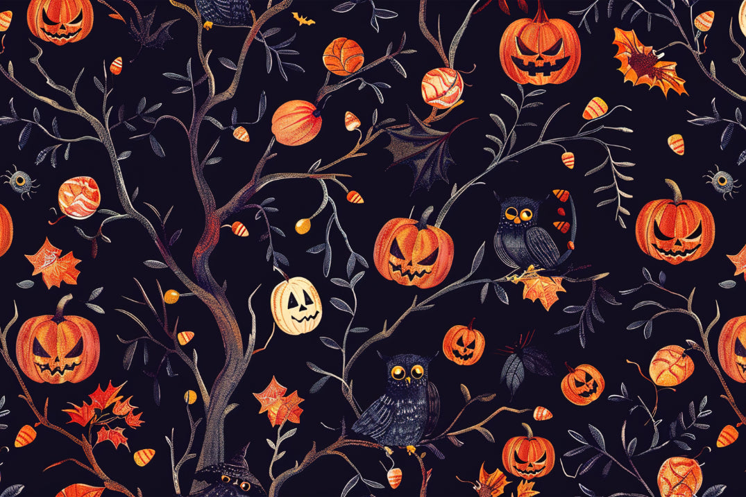 Halloween-Kürbisse und Eulen-Wandbild