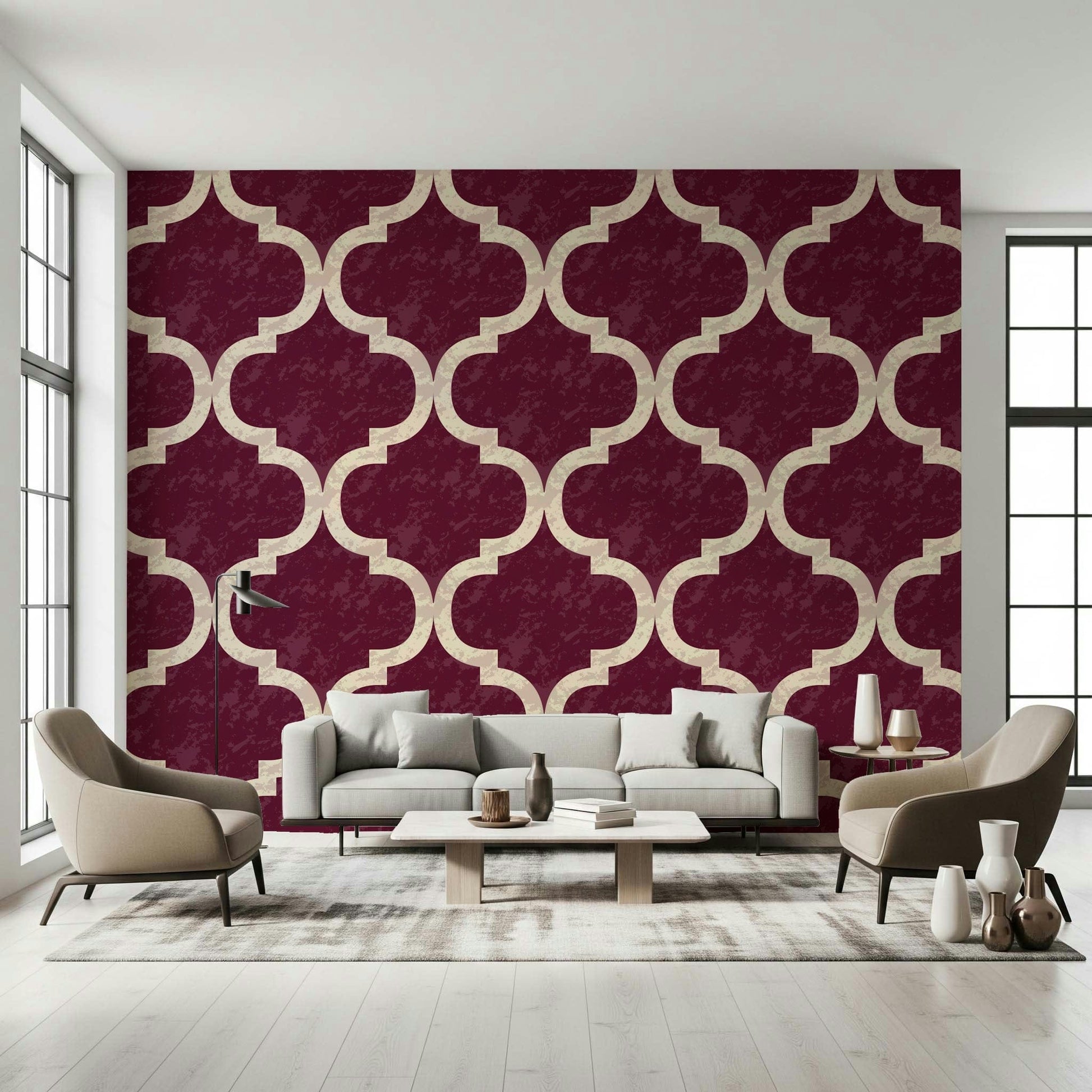 Textured cabernet red wallpaper with classic Moroccan shapes