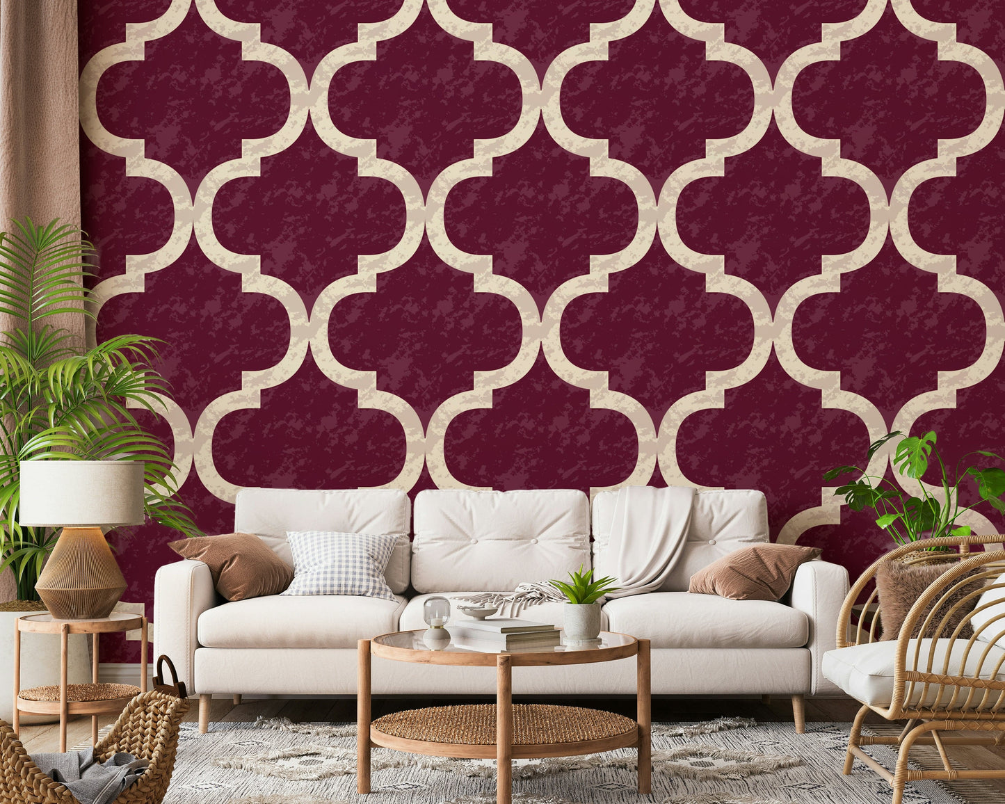 Arabesque ogee geometric wallpaper in burgundy and ivory