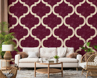 Arabesque ogee geometric wallpaper in burgundy and ivory
