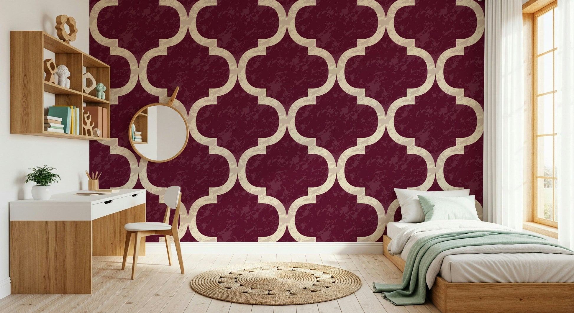Vintage-style burgundy Moroccan ogee wallpaper pattern