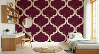 Vintage-style burgundy Moroccan ogee wallpaper pattern