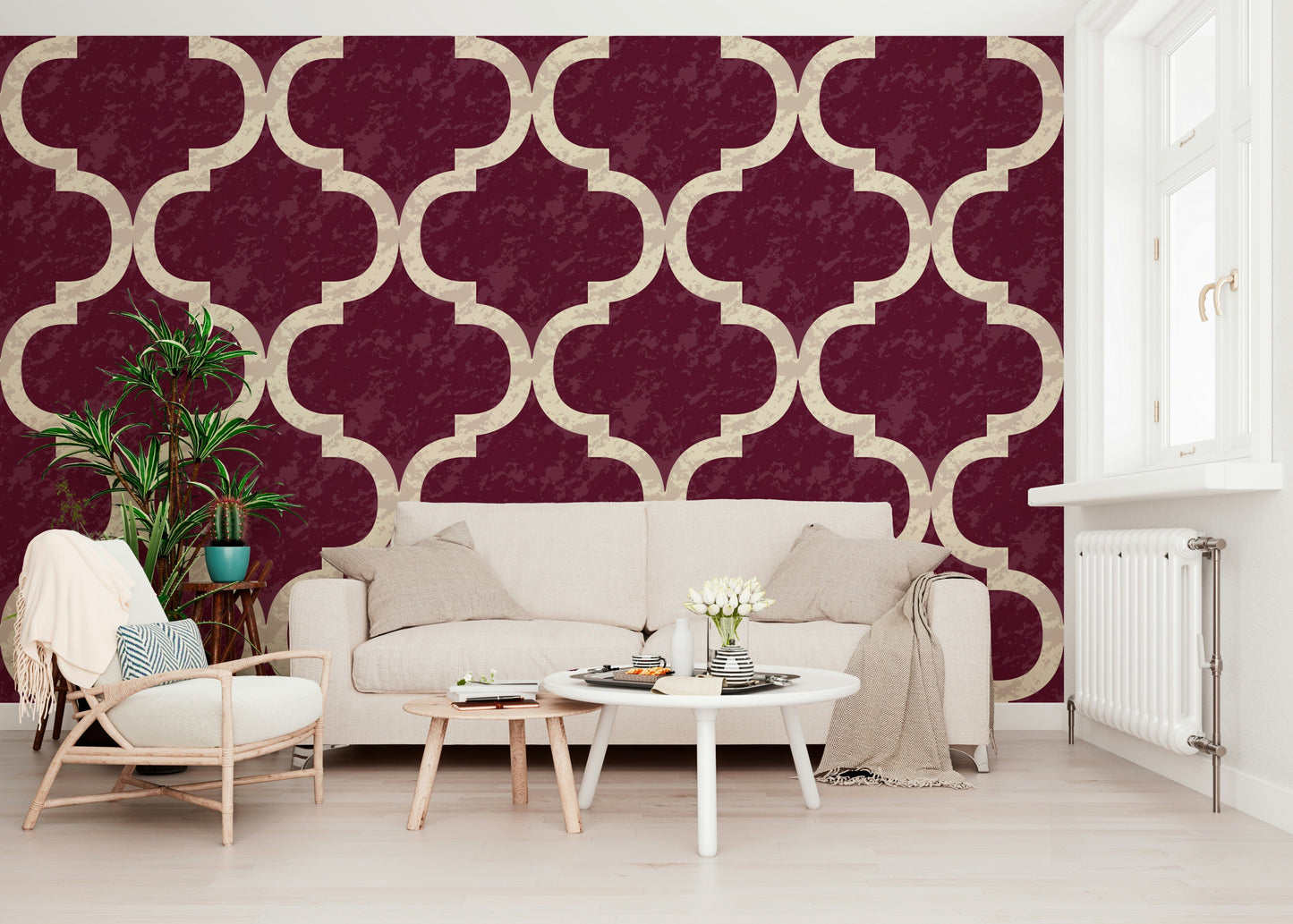Boho Moroccan trellis wallpaper in rich cabernet tones