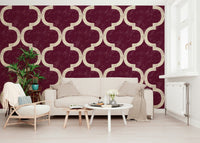Boho Moroccan trellis wallpaper in rich cabernet tones