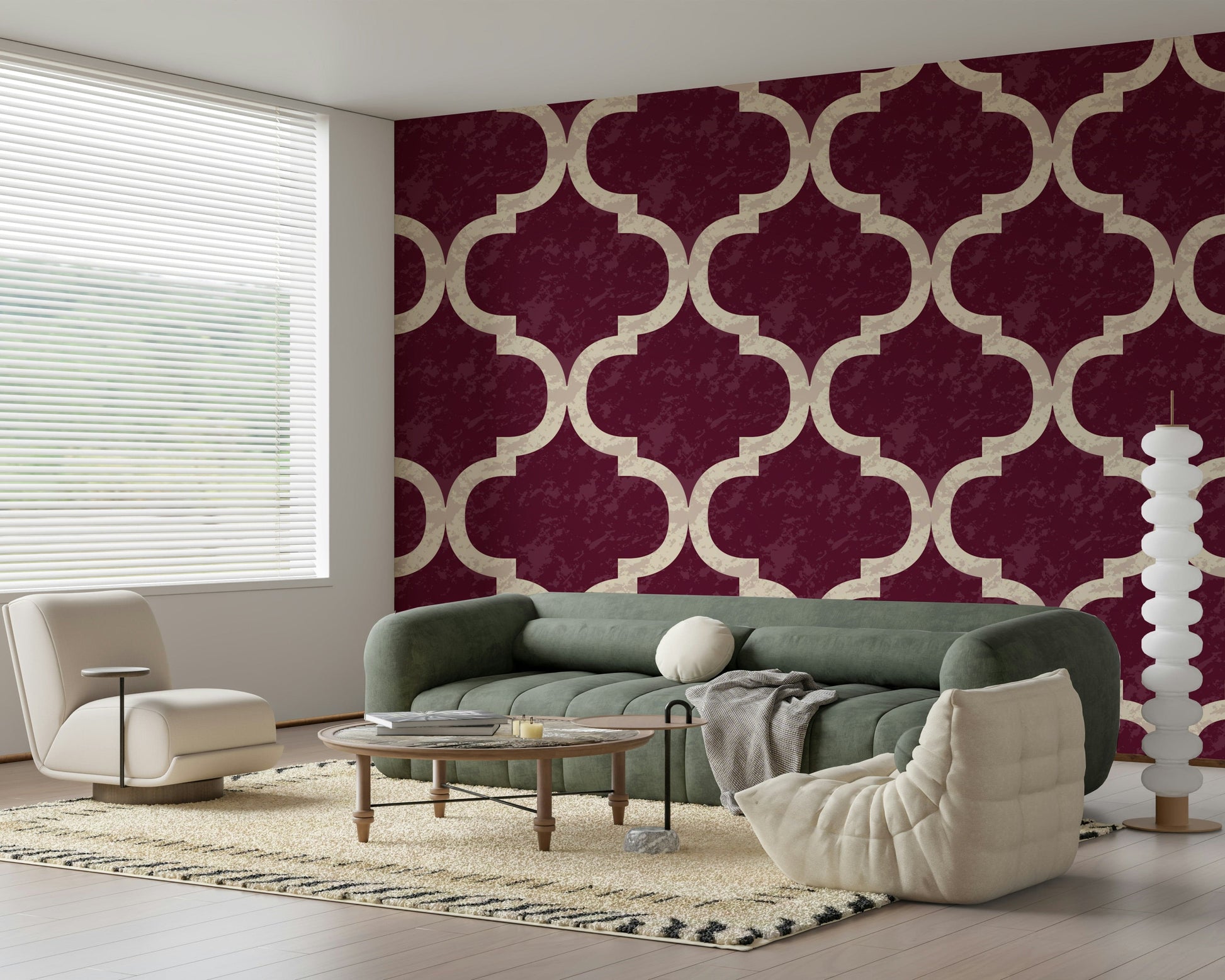 Cream ogee motif on wine-red textured background wallpaper
