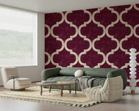 Cream ogee motif on wine-red textured background wallpaper