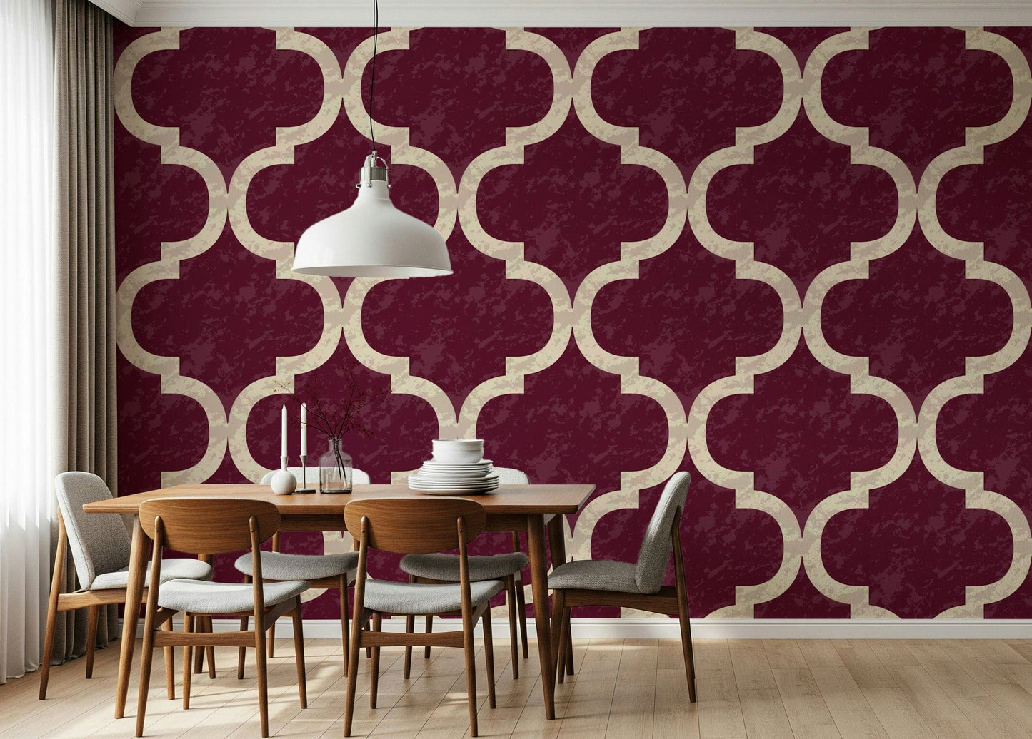 Rustic burgundy ogee wallpaper with distressed texture look