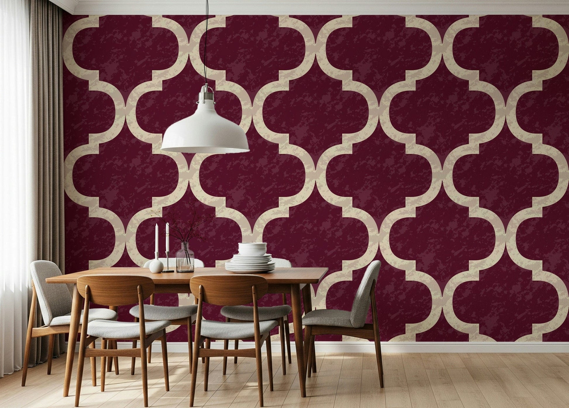 Rustic burgundy ogee wallpaper with distressed texture look