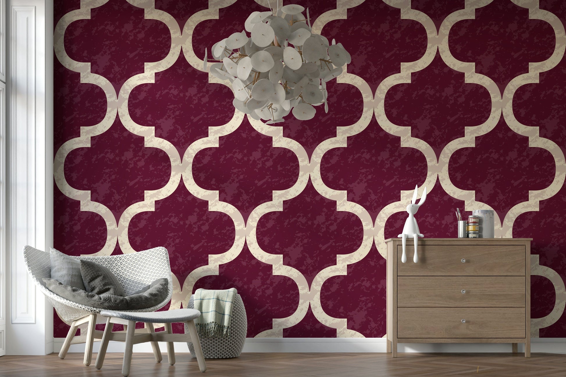 Cabernet red geometric wallpaper with Moroccan lattice design